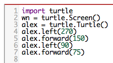 left turn of 270 degrees before drawing,  draw a line 150 pixels long, turn left 90, and draw a line 75 pixels long