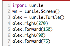 right turn of 270 degrees before drawing, draw a line 150 pixels long, turn right 90, and draw a line 75 pixels long